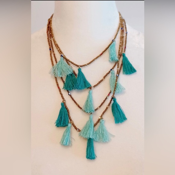 Express Boho Teal Tassel with brown beads Necklace - Picture 2 of 3